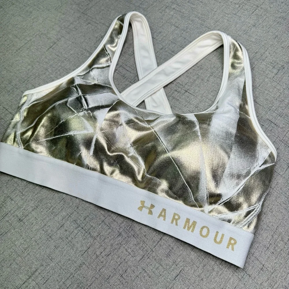 Under Armour Sports Bra Metallic Gold & White Size Large - Picture 6 of 8